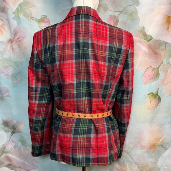 Vintage Rafaella Red Tartan Plaid Worsted Wool Blazer & Leather Linea Pelle Belt - Picture 6 of 9